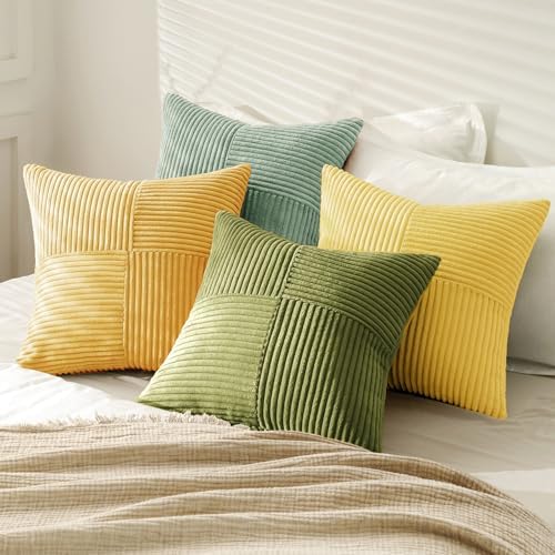 MIULEE Boho Farmhouse Spring Decorative Throw Pillow Covers 18x18 Inch 4 Packs Soft Vintage Pillow Cases Modern Corduroy Patchwork Cushion Covers for Couch Sofa Bed Summer Home Decor, Yellow Green - Image 4