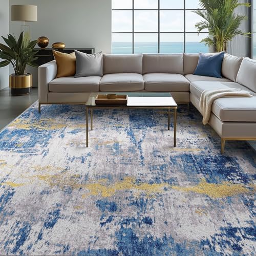 RELEANY Washable 10'x12' Abstract Area Rug for Living Room Blue Gold by RELEANY