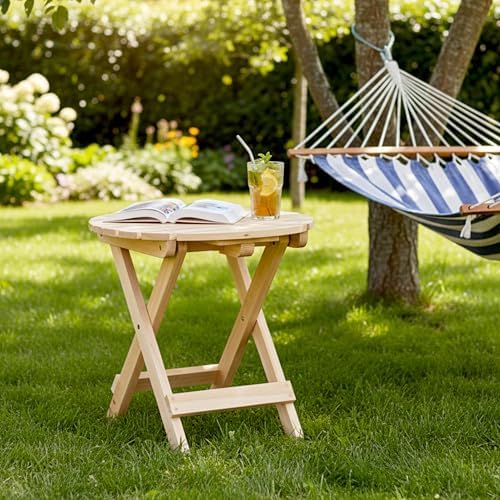Shine Company Round Wooden Folding Solid Wood Side Table, Outdoor Adirondack Small Patio Table, Natural - Image 5