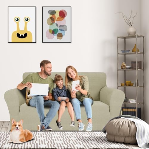MAXIJIN Loveseat Cover Sofa Covers (55"-69"), 1-Piece Stretch Couch Covers for 2 Cushion Couch Love Seat Slipcover with Elastic Bottom for Kids,Dog (Loveseat, Diamond Pattern Khaki) - Image 2