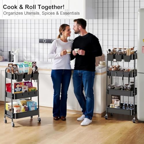 Black 4 Tier Rolling Cart Metal with Lockable Wheels, Four Tiered,38in Tall - Image 6
