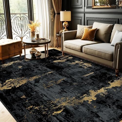 RELEANY Washable 7'x10' Abstract Area Rug for Living Room Black Gold by RELEANY