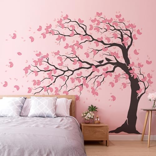 AM AMAONM 74.8x59 Inch Large Watercolor Tree Wall Decals - Peel & Stick Wall Stickers, DIY Removable Wall Art for Kids Living Room, Bedroom, Nursery Decor (Black Trunk Pink Leaves) by AMAMAONM