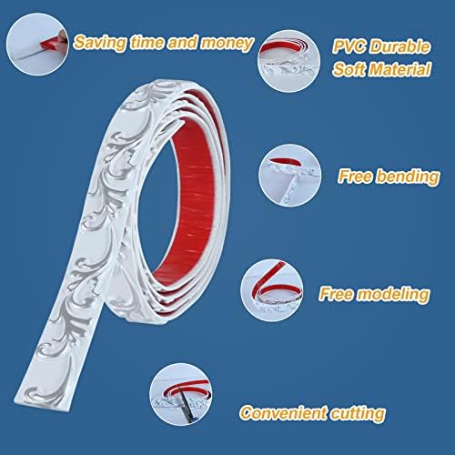 Flexible Molding Trim Wall Trim Self Adhesive, Peel and Stick Mirror Frame Border, Waterproof Bathroom Decor (White+Silver) - Image 2