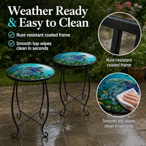 2-Pack 15 Inch Tall Mosaic Patio Side Tables Style, Metal Folding Turtle Table Set, Shatterproof Outdoor Patio Table for Porch Deck, Rust Resistant Small Garden Table (Set of 2) - Image 5