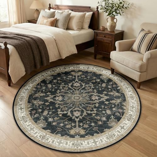 RELEANY Washable Area Rug, Round 5ft, Black/Vintage/Beige - Image 2