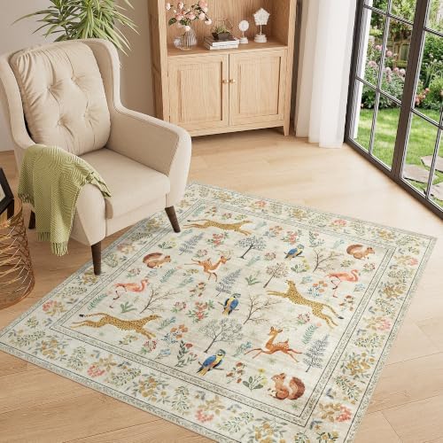 DUKINO 4x4 Square Area Rug, Washable Animal Rug for Entryway, Beige - Image 5