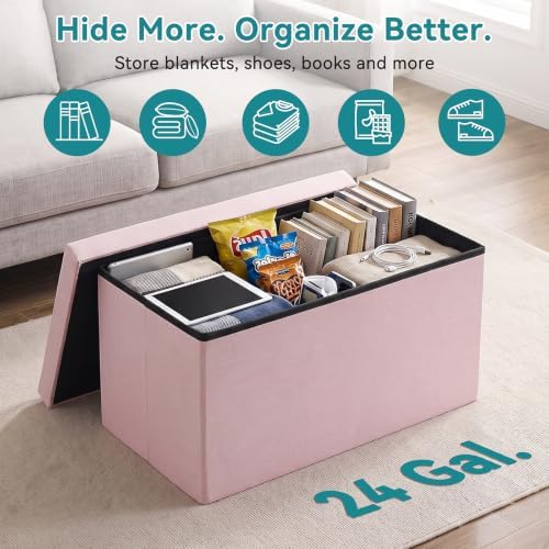 OLIXIS 30 Inch Folding Storage Ottoman Bench, Pink Ottoman with Storage - Image 5