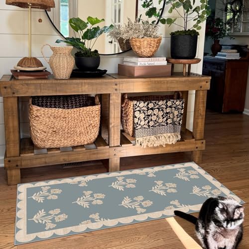 Front Door Mat Indoor Entrance - 2x4.3 Ft Floral Washable Layered Doormat Outdoor Entrance Porch Rug Non-Slip Blue Retro Farmhouse Runner Rug for Kitchen Bedroom Laundry Room Porch Decor - Image 7