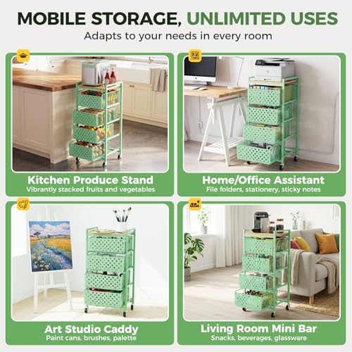 5 Tier Kitchen Storage Cart with Wheels, Utility Fruit Vegetable Storage Rack Stand with Pull-Out Baskets & Wood Top, Metal 4-Drawers Rolling Snack Cart, Kitchen Cart for Potato Onion(Green) - Image 5
