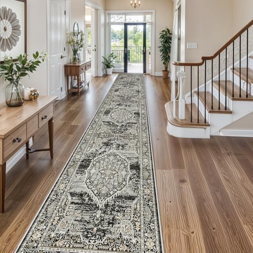 Washable Hallway Runner Rugs 3x16: Soft Ultra Thin Low Pile Carpet Machine Washable Indoor Lightweight Rug Runner Anti Slip Backing Rugs for Living Room Bedroom Kitchen 3'x16' Black by YOUFORTONG