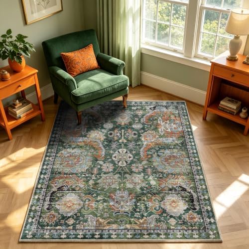 RUGSURE Washable Area Rugs - Perfect for Living Room, Bedroom, Kids Room, Nursery - Stain & Water Resistant Non-Slip, Pet & Child Friendly, Vintage Tribal Area Rugs (Green, 4' x 6') by RUGSURE