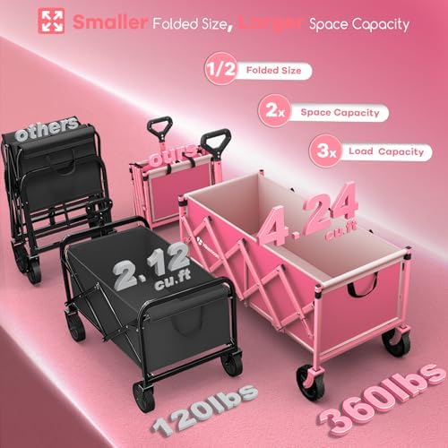 HIKEMOON 34'' Extra Long Folding Portable Wagon Cart, 120L 360LBS Pink - Image 3