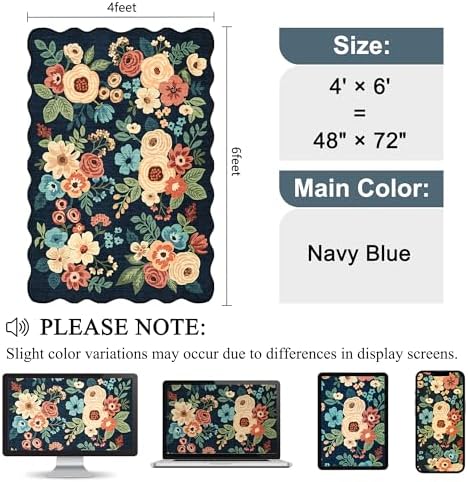 DUKINO 4x6 Area Rug, Non Slip Floral Washable Living Room Rug, Navy Blue - Image 2