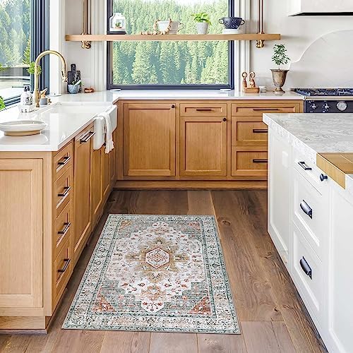 Moynesa Ultra-Thin Washable Area Rug - 3x5 Entryway Rug Washable Bedroom Rug Non Slip Front Door Mat, Vintage Medallion Printed Indoor Carpet for Living Laundry Bathroom Vanity Foyer, Beige/Gold - Image 7