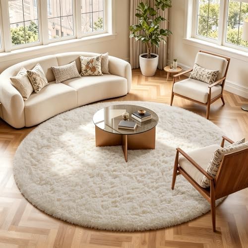 Ophanie Round Rugs 8Ft Ivory Circle Area Rug Washable, Large Living Room Aesthetic Decor, Fluffy Fuzzy Bedroom Big Carpet,Plush Soft Shaggy Cream for Kids Home Nursery with Over 99 pcs Pile fibers - Image 3