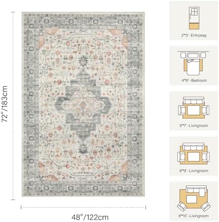 Rugxara 4x6 Vintage Boho Washable Rug for Bedroom(Orange) - Image 2