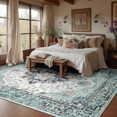 RELEANY Washable Area Rug, Large 10'x12', Teal Green/White/Navy - Image 2
