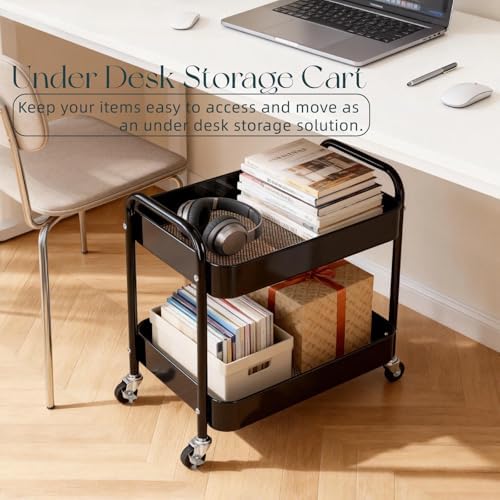 2 Tier Short Rolling Cart with Wheels for Under Desk Storage & Panrty Floor Organizer, Large Capacity Metal Kitchen Utility Cart, Sturdy Makeup Organizer for Small Space with 4 Hooks, Black - Image 3