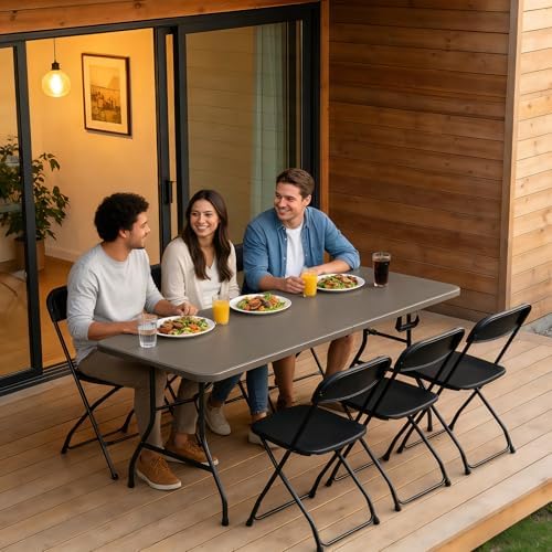 6FT Folding Table, Heavy Duty Plastic Fold-in-Half Utility Table with Handle, Portable Camping Picnic Table with Steel Legs for Indoor Outdoor Party, Dining, Khaki,2 Pack - Image 2