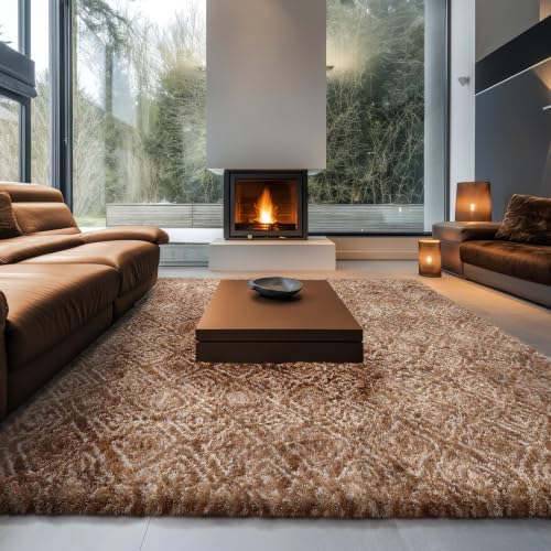 Ophanie 9x12 Brown and White Diamond Striped Rugs for Living Room,Large Fluffy Shag Fuzzy Plush Soft Carpets,Shaggy Rug for Bedroom,Carpet for Kids Boys Girls Dorm Decor with Over 99 pcs Pile fibers - Image 3