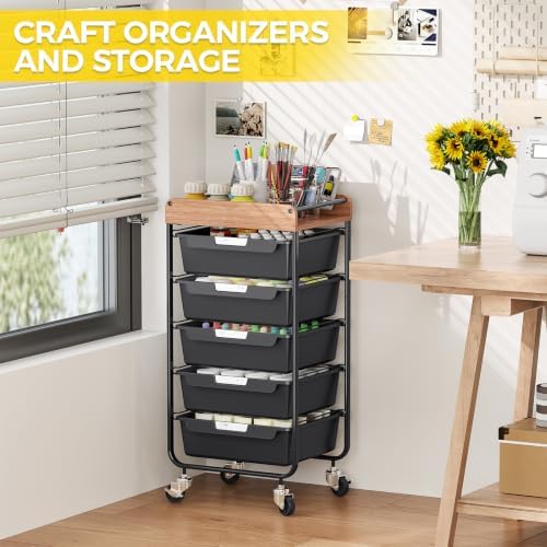 SYKIARIOL Utility Cart with 5 Labeling Drawers and Wooden Tabletop,Black - Image 6