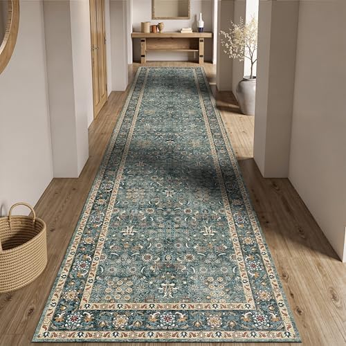 Hallway Runner Rug 2'6x12 Washable, Vintage Non-Slip Low Pile Rugs Green - Image 4