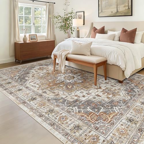 Madane 5x7 Area Rugs for Living Room, Non-Slip Washable Rug, Turmeric/Grey - Image 3
