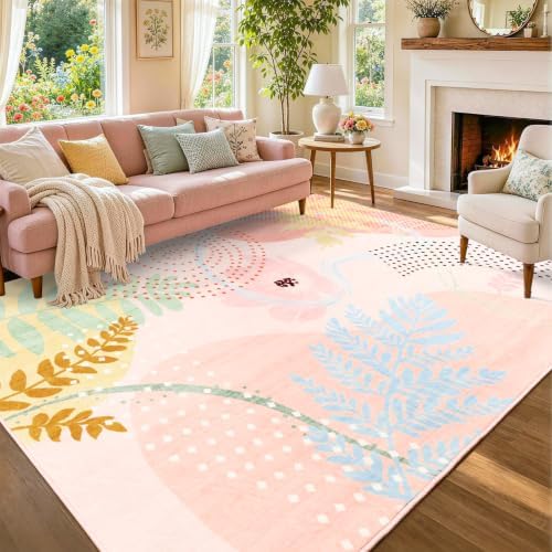 6x9 Ft Washable Area Rug for Living Room Cream Pink Modern Neutral Carpet by Lo%CC%80utiRootHome