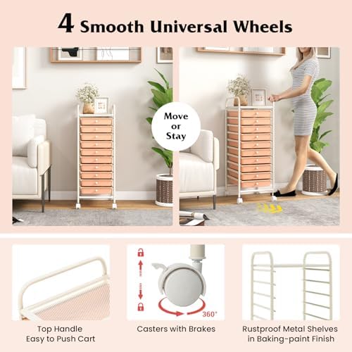 10-Drawer Rolling Storage Cart, Trolley w/Lockable 360° Wheels, 10 Removable PP Drawers, Sturdy Metal Frame, Rolling Utility Cart Perfect for Home, Office, Classroom (Peach Fuzz) - Image 5