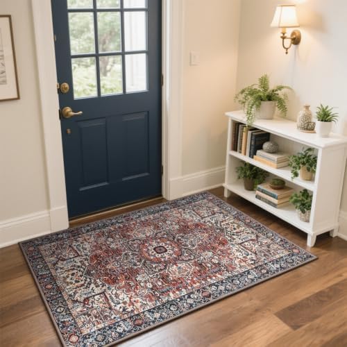 Hanples 2x3 Washable Rugs for Entryway, Vintage Floral Door Mat, Red - Image 3