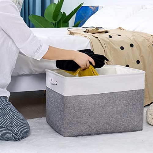 TheWarmHome Storage Bins Baskets for Organizing, 20.5L×15.7W×13.8H 3 Pack Sturdy Fabric Storage Basket W/Handles, Decorative Foldable Storage Baskets for Shelves Closet Nursery Toy (White & Grey) - Image 6