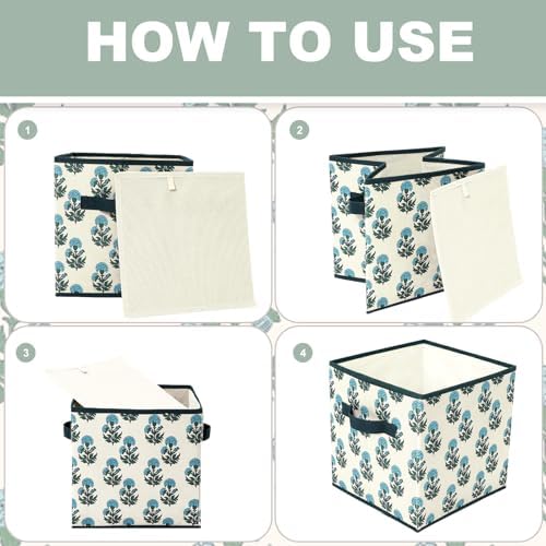 Bokon 6 Pcs 11'' Block Print Storage Bins Cubes Cyan Floral Storage Basket - Image 5
