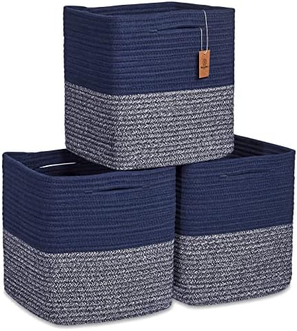 NaturalCozy Storage Cubes 11 Inch Cotton Rope Woven Baskets for Organizing, 3-Pack | Cube Storage Bin | Square Storage Baskets for Shelves Organizer, Classroom, Kids Toy Bins, Closet, Baby Nursery by NaturalCozy