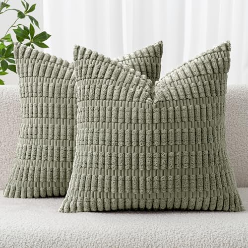 MIULEE Corduroy Decorative Throw Pillow Covers 18x18 Light Olive Pack of 2 by MIULEE
