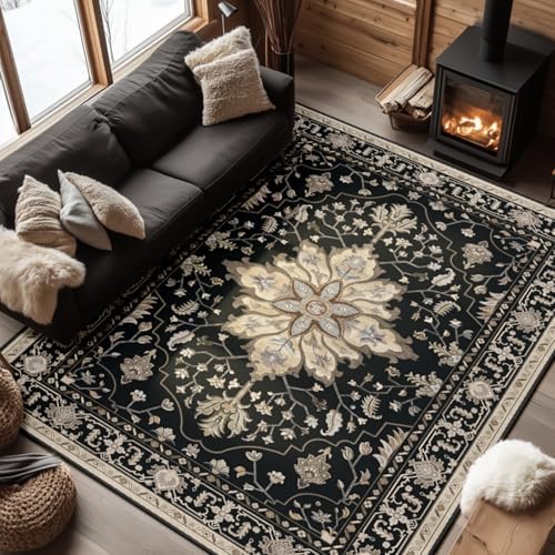 RELEANY Washable Area Rug, 7'x9', Black/Neutral by RELEANY