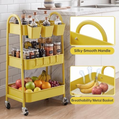 danpinera 3-Tier Rolling Cart, Utility Cart Mobile Metal Rolling Storage Cart with Lockable Wheels & Hanging Cups & Hooks for Kitchen, Bathroom, Office, Workshop, Yellow - Image 3