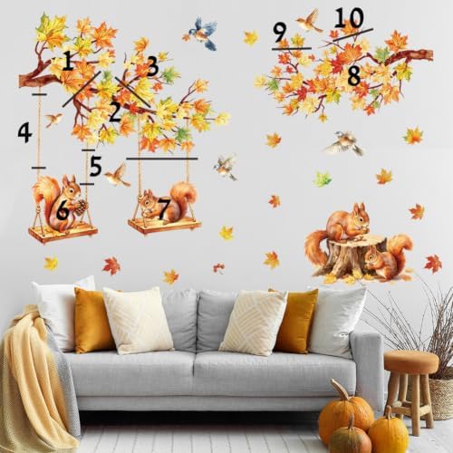Fall Maple Leaf Wall Decal Autumn Maple Tree Wall Sticker Peel and Stick Squirrel Bird Home Decor Fall Thanksgiving Harvest Wall Stickers for Bedroom Nursery - Image 4