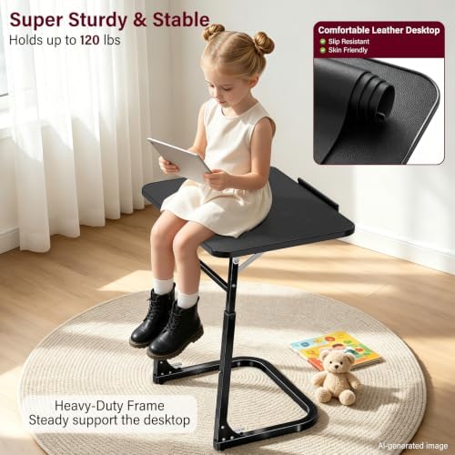 Extra Large Foldable Couch Side Table, Premium Black Leather Top, Height & Tilt Adjustable, Easy Installation, Snack Table Laptop Desk for Sofa, Bedside and Recliner, Easy to Store - Image 4
