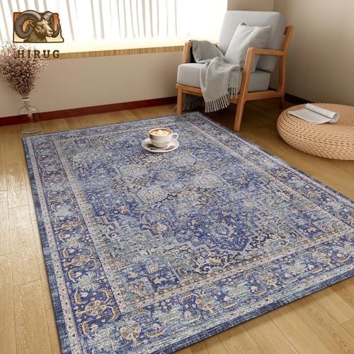 Washable Area Rug 3' x 5 ' Vintage Traditional Persian Mat - Foldable Distressed Non-Slip Machine Washable Carpet for Living Room Bedroom Kitchen Home Decor - Indigo and Gold - Image 4