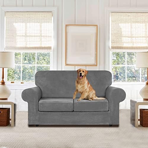 WEERRW Velvet Stretch 3 Pieces Couch Cover for Sofa Washable, Light Grey - Image 2