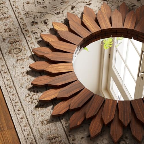 20" Walnut Round Sunburst Wooden Mirror Boho Rustic Wall Decor - Image 5
