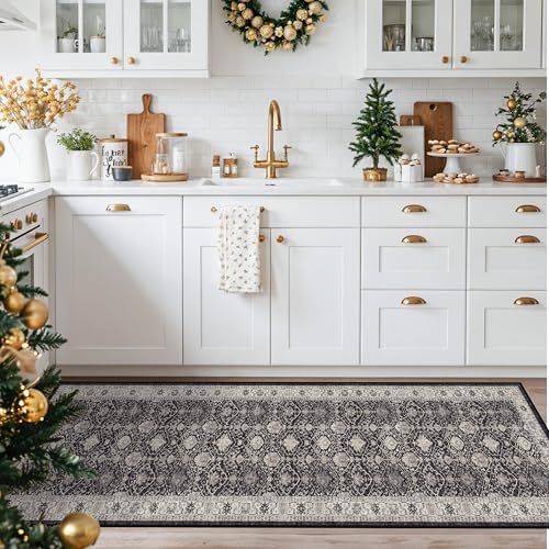 Hallway 2x8 Washable Runner Rug: Oriental Stain Resistant Kitchen Entryway Rugs Farmhouse Ultra Soft Bathroom Bedroom Print Floor Mat Thin Non Slip Indoor Carpet for Living Room Laudry(2x8,Black) - Image 2