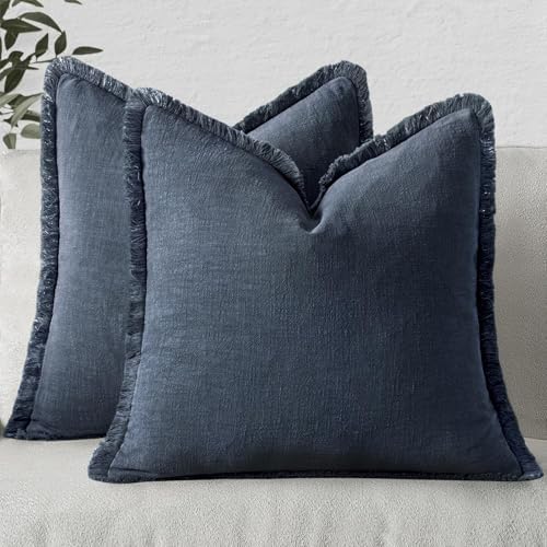 MIULEE Linen Fringe Decorative Euro Throw Pillow Covers Indigo Blue 26x26 by MIULEE