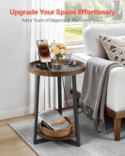 VEVOR Round Side Table with Charging Station, 15.7" Metal Round End Table with Storage Shelves, 4.9ft Power Cord, Modern Nightstand for Bedroom, Living Room, Office – Brown - Image 4