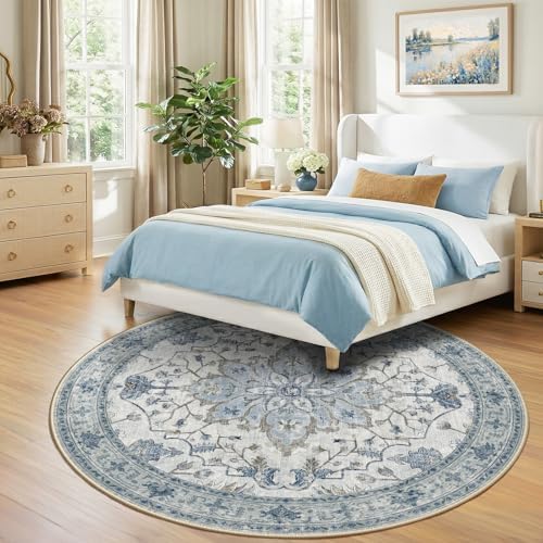 RELEANY Washable Area Rug, Round 8ft, Blue/White/Gray - Image 3