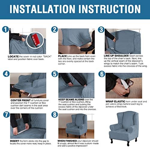 H.VERSAILTEX Wingback Chair Covers Velvet Plush Wing Chair Slipcover 1 Piece High Stretch Wing Back Chair Slipcovers Sofa Cover Furniture Cover with Elastic Bottom, Stone Blue - Image 6