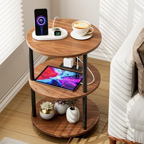 XBurmo Small Round End Table - 3 Tier Design Accent Table, Narrow Side or Bedside Stand, Industrial Vintage Table for Small Spaces, Built-in USB Ports and Power Outlet, Rustic Walnut by XBurmo