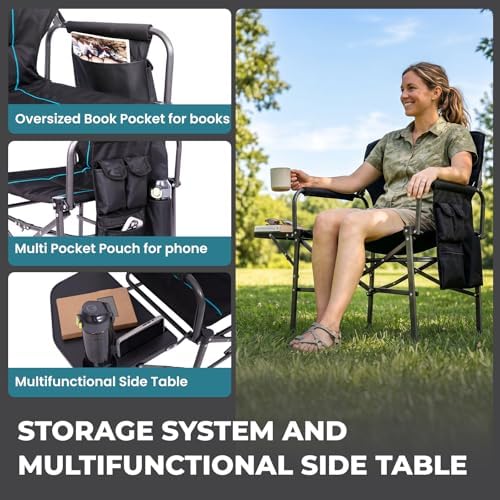 FUNDANGO Oversized Folding Chairs for Outside, Fully Padded Camping Director Chair for Adults, Support 450lbs Portable lawn chairs with Side Table, Side Pockets for outdoor Camp, Picnic, Lawn, Concert - Image 4