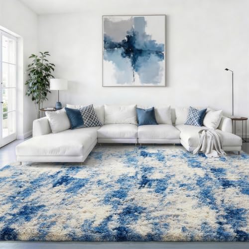 Ophanie 9x12 Blue and Gray Area Rugs for Living Room,Large Navy Grey White Fluffy Shag Fuzzy Plush Soft Carpets,Floor Shaggy Rugs for Bedroom,Carpet for Kids Dorm Decor with Over 99 pcs Pile fibers by Ophanie